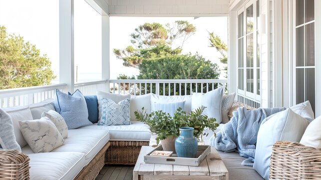 Coastal bliss: Serene beachfront porch with chic blue accents and endless ocean views.