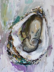 A realistic painting depicting an oyster nestled inside of a detailed shell, capturing the natural beauty and textures of the sea creature