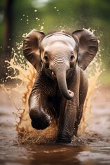 A baby elephant spraying itself with water  AI generated illustration