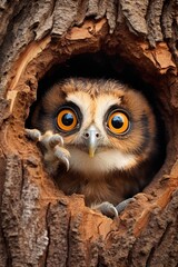 A big-eyed owl baby peeking out of a tree hole  AI generated illustration