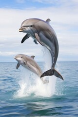Obraz premium A couple of playful dolphins jumping out of the water AI generated illustration