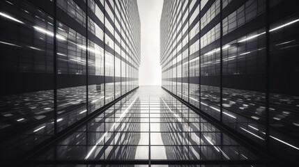 A grayscale perspective from a modern skyscrapers glass facade  AI generated illustration - obrazy, fototapety, plakaty