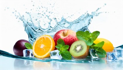 multivitamin water wave splash with various fruit peppermint leaves and ice cubes isolated on white background generate