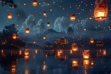 Floating Lanterns at Night: A magical scene of floating lanterns illuminating the night sky, reminiscent of cultural celebrations.


