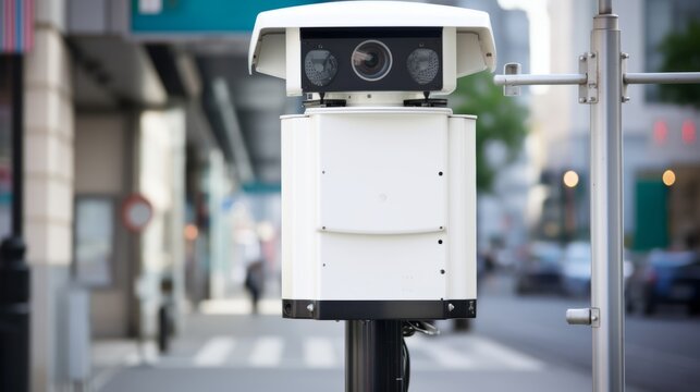 A cameraequipped black-white pole is placed on the street side - Powered by Adobe