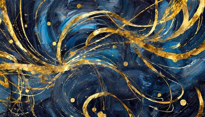 Fotobehang dark blue textured oil paint wit golden elements abstract background © Wayne