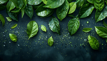 Exploding green tea leaves,copy space