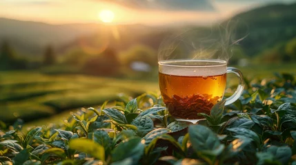 Tafelkleed Sprawling green tea garden and slim waisted tea glass among the tea fields. black tea in glass cup, black tea, hot glass cup © Maru_sua