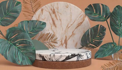 brown marble product display podium with nature leaves 3d render