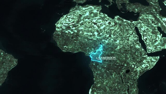Satellite map animation showing Cameroon location, borders and surrounding Central African terrain