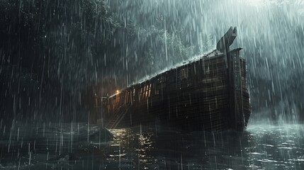 Noah's Ark amidst the pouring rain during the flood. - obrazy, fototapety, plakaty