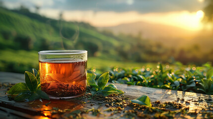 Sprawling green tea garden and slim waisted tea glass among the tea fields. black tea in glass cup, black tea, hot glass cup - obrazy, fototapety, plakaty