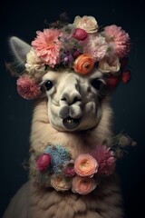 An alpaca with a mouthful of flowers  AI generated illustration