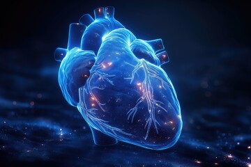 Human heart anatomy on dark background. 3d rendering toned image