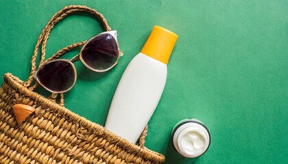 bottle of sunscreen cream with wicker bag and sunglasses on green background - obrazy, fototapety, plakaty