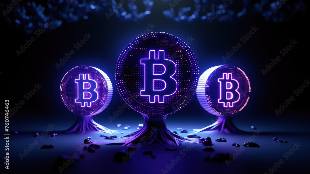 Poster three glowing b's are displayed in a dark room. the b's are surrounded by a tree-like structure, giv