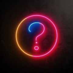 Minimalist neon colored logo with question, inside a circle, black background