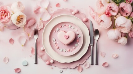 Flat lay design of a Valentines Day romantic dinner set-up in pastel colors  AI generated illustration