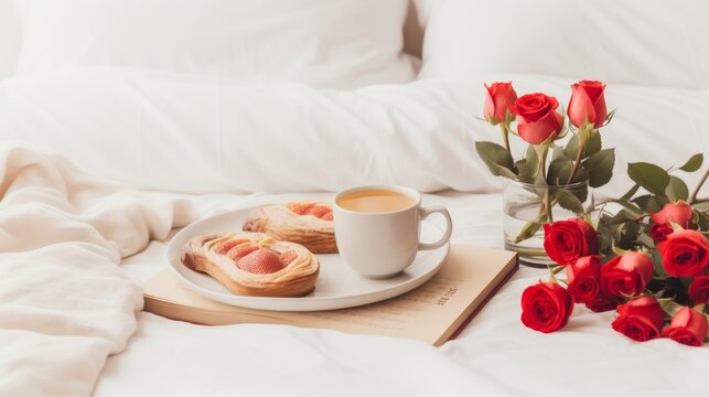 Flat lay display of a minimalist Valentines Day breakfast in bed  AI generated illustration