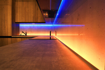Modern luxury kitchen with LED RGB lighting.