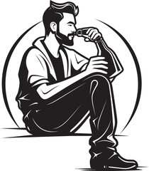 Rumination in Rum Vector Logo Representation Boozy Balance Emblematic Man with Bottle Icon