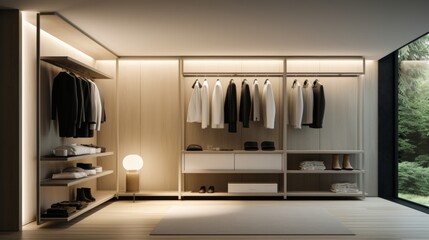 Lifestyle depiction of a minimalist walk-in closet  AI generated illustration