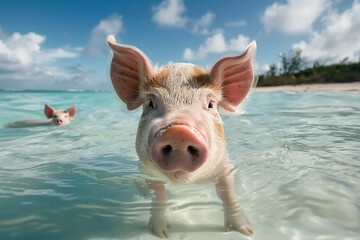 Cute pig swimming in ocean