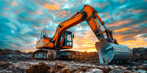 Crawler excavator front view digging on demolition site in backlight - obrazy, fototapety, plakaty