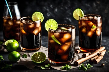 Cocktail with cola, decorated with lime slices  