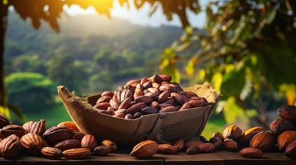 Cocoa beans harvested in a burlap sack on a wooden table with blurred crop farming background - obrazy, fototapety, plakaty
