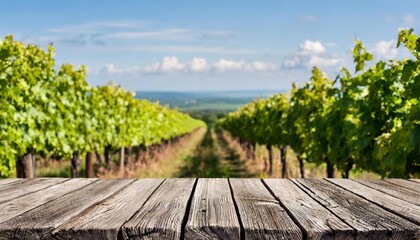 Fototapeta na wymiar empty wooden boards weathered planks table top with blur background of vineyard at sunny summer day