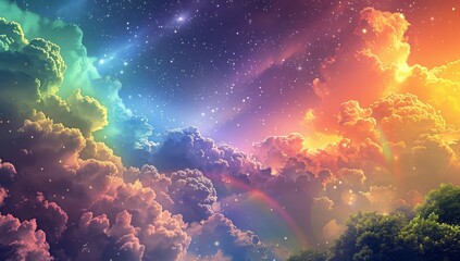 A rainbowcolored sky with white clouds, rainbow and stars