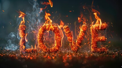 Love written with fire flames on concrete wall background. Love concept.