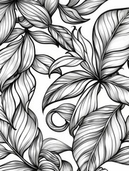 A black and white drawing showcasing intricate details of various leaves, emphasizing textures and patterns
