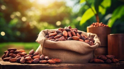 Deurstickers Cocoa beans harvested in a burlap sack on a wooden table with blurred crop farming background © Media Srock