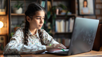 A focused young girl is engaged in studying on her laptop at a cozy, well-lit home desk surrounded by books.