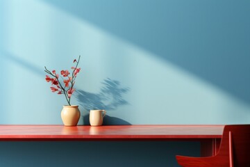 Red: An office desk and chair with red wall and a plant that sits on the shelf