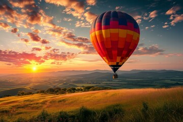 Fototapeta premium Picturesque Air balloon fly landscape. High hill. Generate Ai