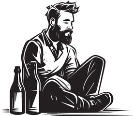 Meditative Musings Emblematic Sitting Man Icon Ale Ambitions Vector Alcohol Bottle Emblem