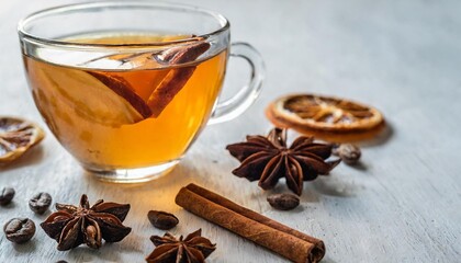 Obraz na płótnie Canvas concept of warm drinks for cold weather comfort side view image of a cup of apple cider cinnamon sticks dried orange and anise on a white background