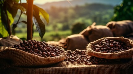 Coffee beans harvested in a burlap sack on a wooden table with blurred crop farming background