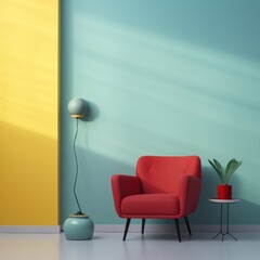 Red arm chair in front of a yellow wall 