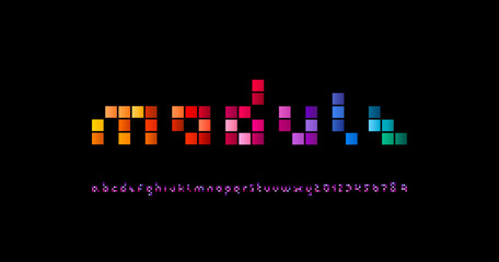 Mosaic font, pixeled alphabet, trendy letters and numbers made tile style