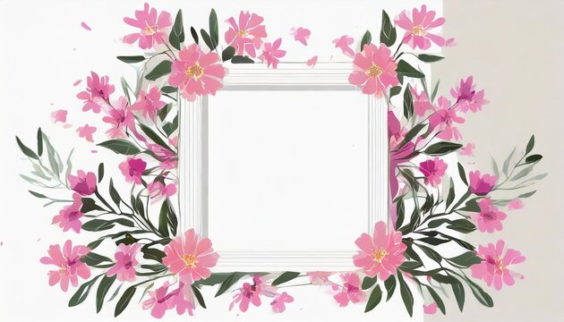 a white frame with pink flowers on a white background
