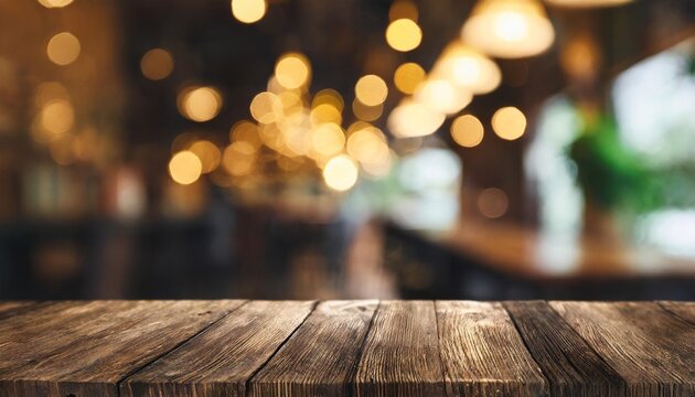 empty dark wooden countertop on blurred bokeh bar or restaurant background