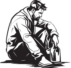 Whiskey Whispers Symbolic Sitting Man with Bottle Cask of Contemplation Iconic Logo Concept