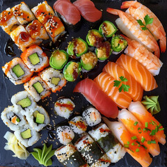 From above a wide selection of sushi 