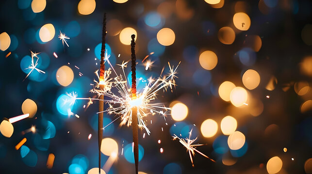 celebration: two lit sparkling burning pyrotechnics sparker candles on blurred background with lights