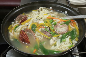 Korea food. chopped noodles Seafood kalguksu