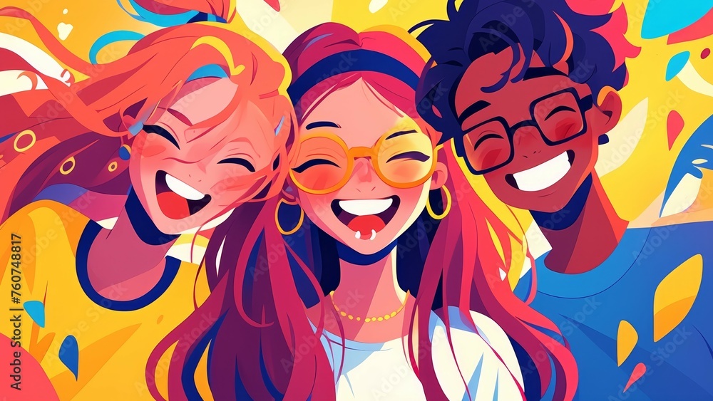 Wall mural a group of young people are smiling, with long red hair and glasses